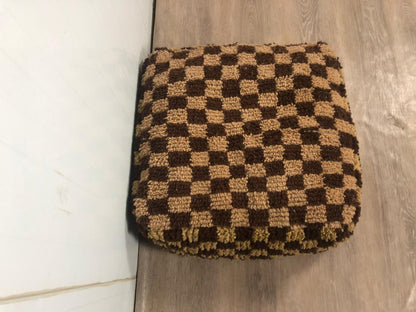 Brown and cream checkered Moroccan Pouf, Berber checkerboard Flour pillow,
