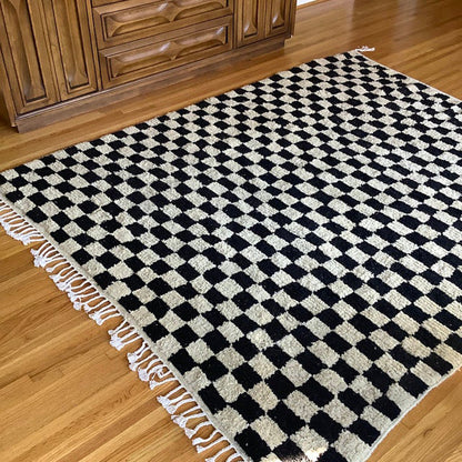 Exotic and Eye-catching Large Black and White Moroccan Berber Checkered wool Rug.