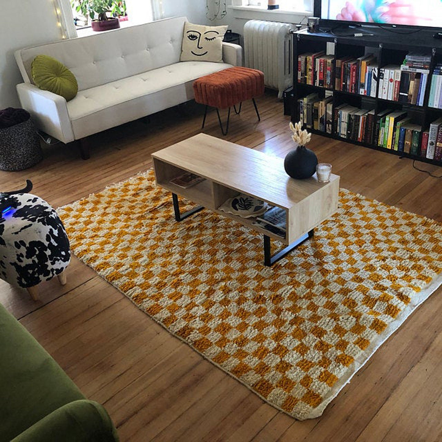 Checkered Moroccan Orange area rug.