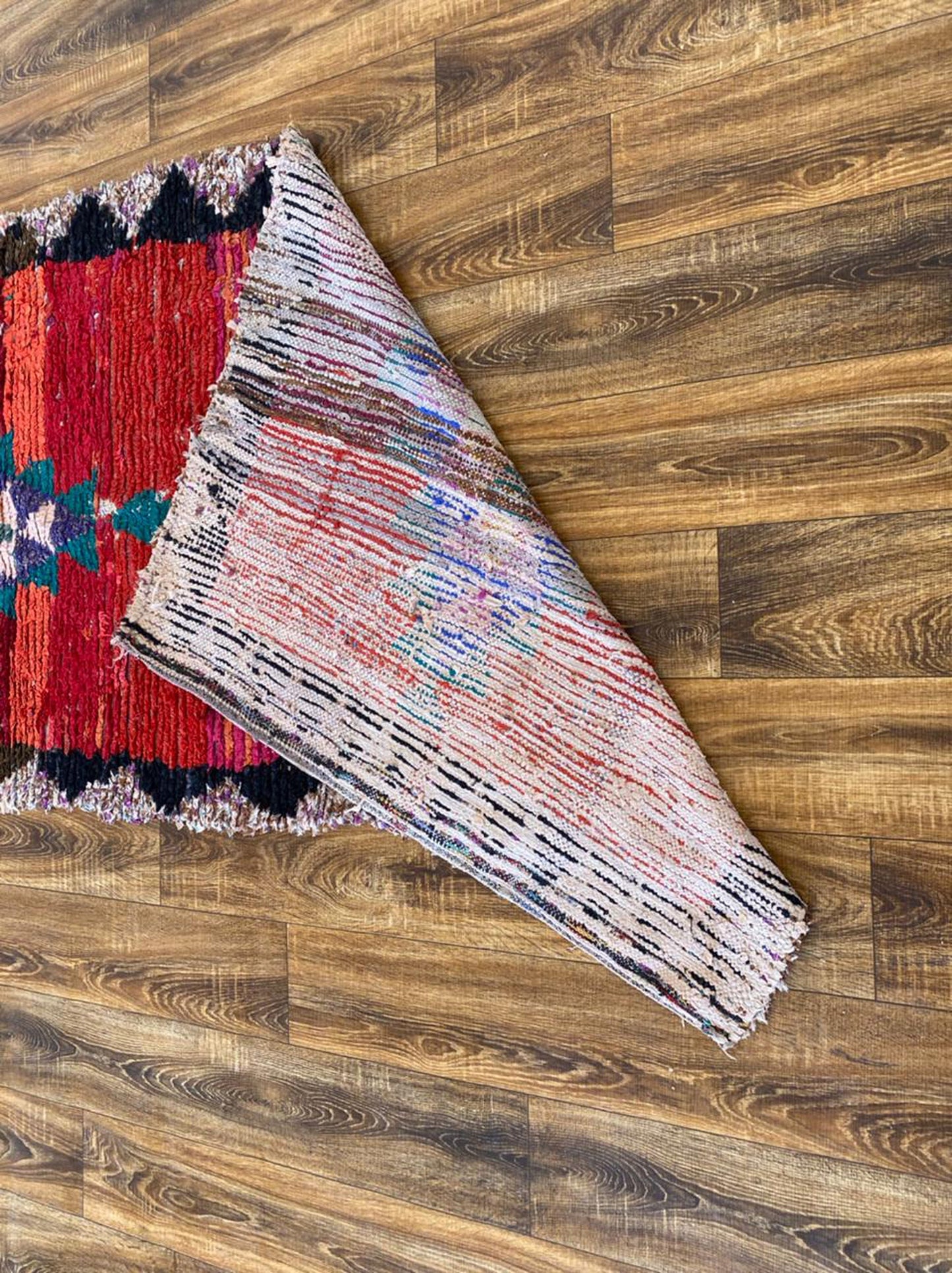 Red Moroccan Berber vintage rug, 3x7 ft boucherouite area rug .