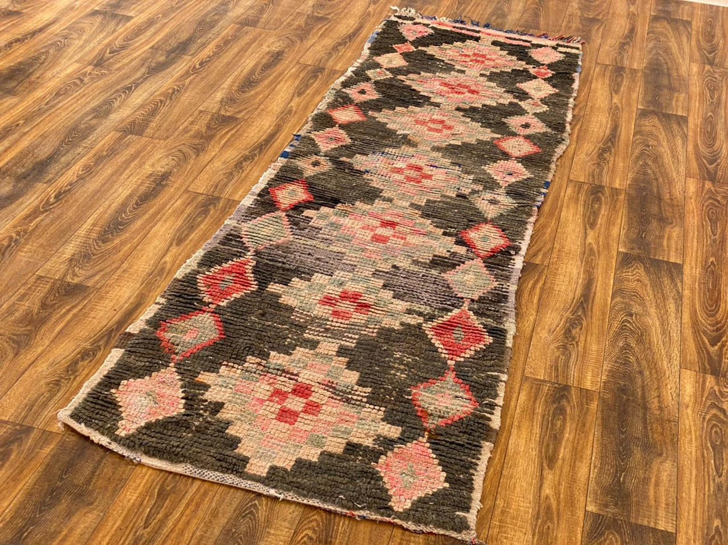 Handwoven Narrow runner Diamond Black Rugs. 3x9 Vintage Old Berber Rugs.