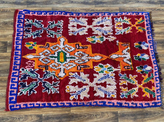 4x7 Unique vintage Moroccan Rug, Rare Handwoven Berber Large Red area Rug.