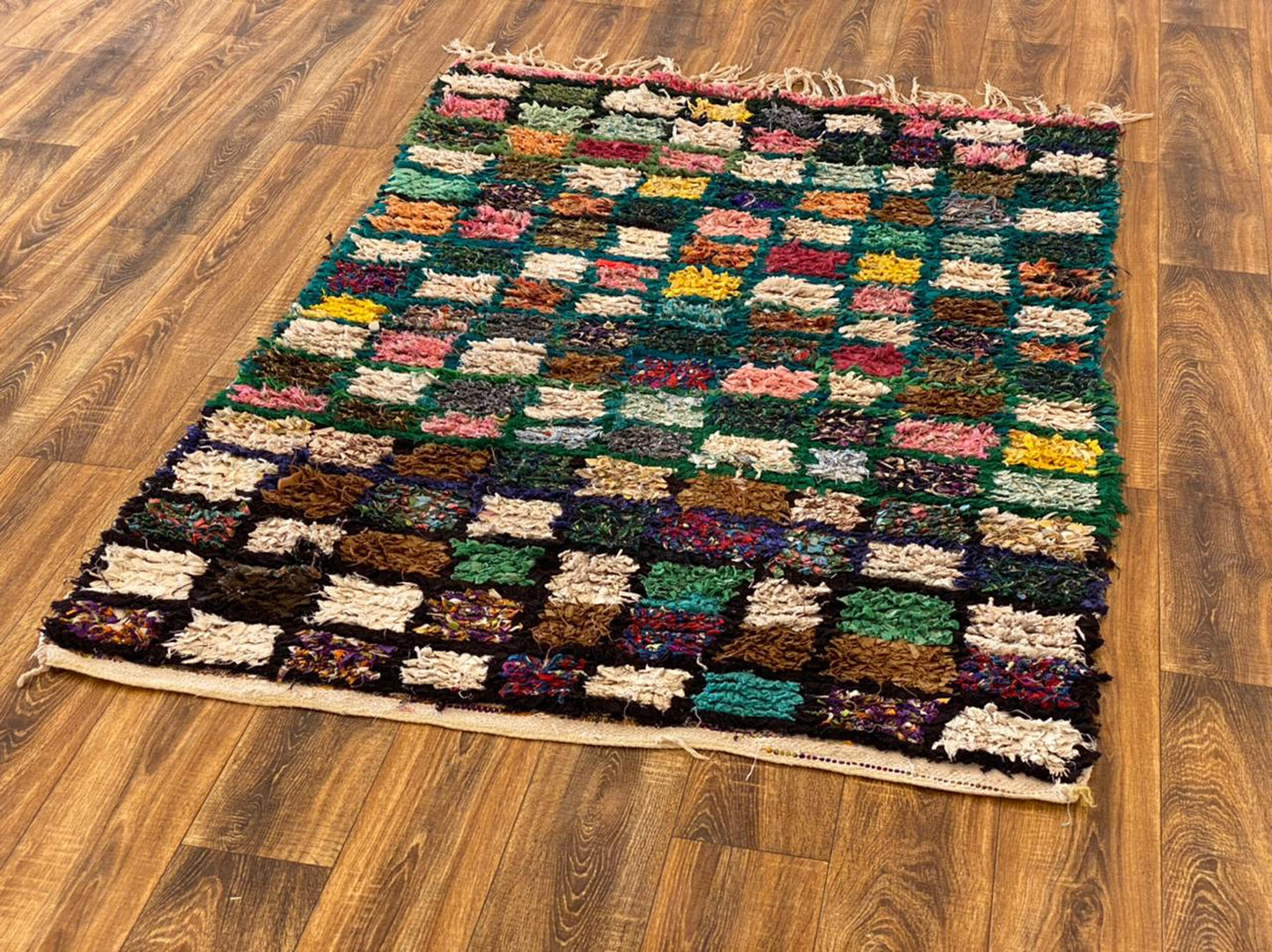 4x6 Boucherouite vintage Moroccan Rugs, Colorful Grid Berber area Rug.