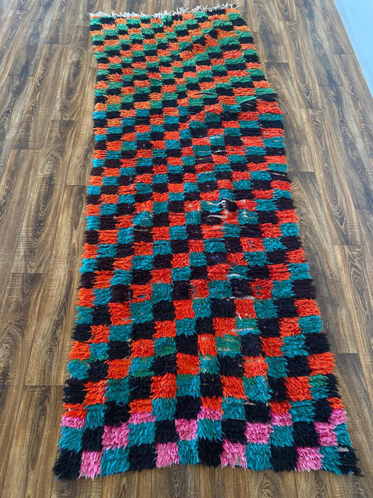 4x9 Vintage Moroccan Checkered Colorful runner Rug.