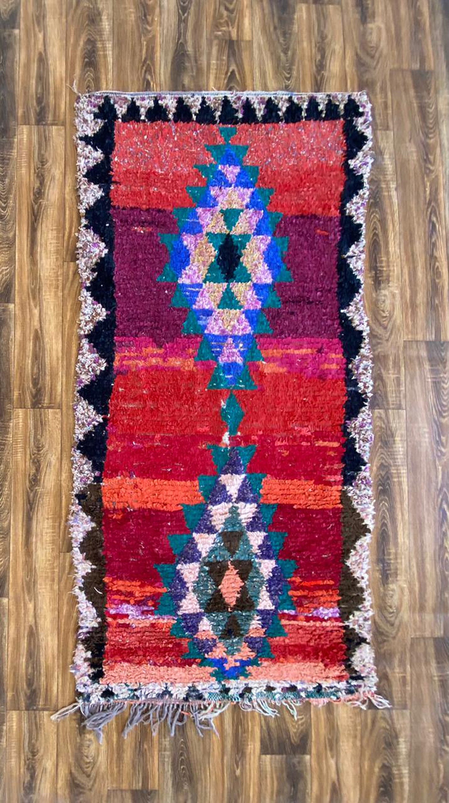 Red Moroccan Berber vintage rug, 3x7 ft boucherouite area rug .