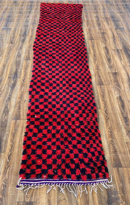 Moroccan vintage checkered Berber runner rug 3x11 ft.