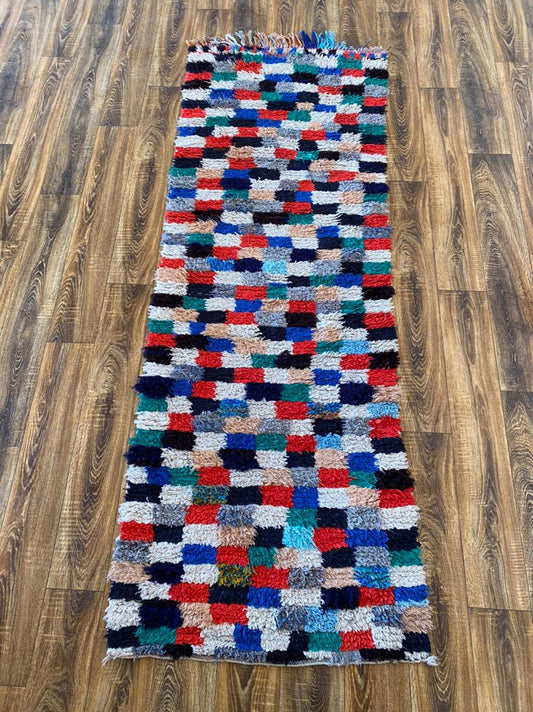 Moroccan Checkered Vintage Narrow runner Rug 3x8.