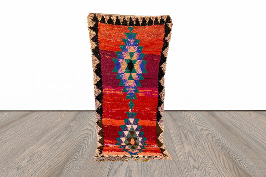 Red Moroccan Berber vintage rug, 3x7 ft boucherouite area rug .