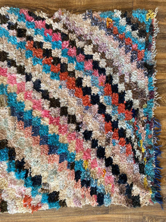 4x7 ft Moroccan colorful Boucherouite rug.