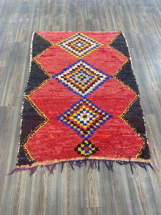 4x6 ft Moroccan vintage red and black Rug, Vintage Boucherouite Rug.