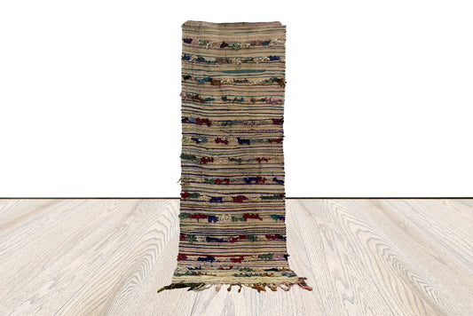 striped Boucherouite white narrow Rug, 2x7 ft Morrocan woven old runners.