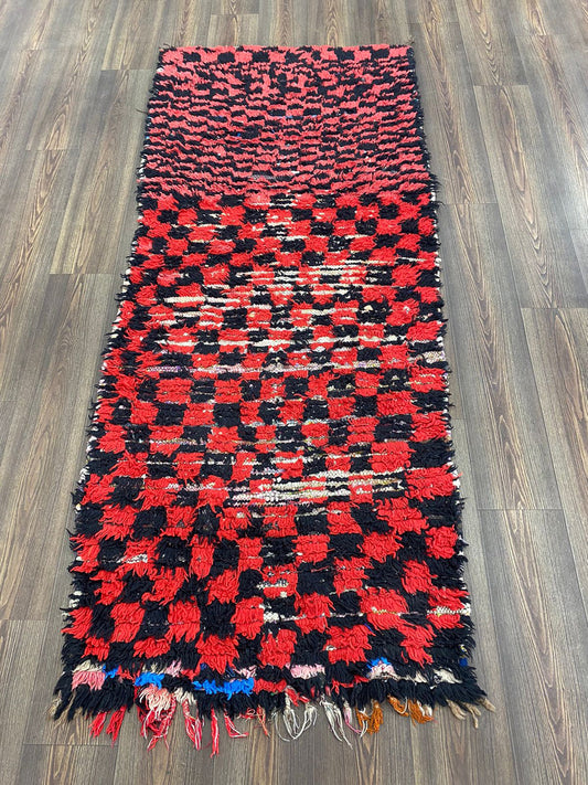 Vintage Checkered Rug, Berber runner red and black Rug 3x7 ft.