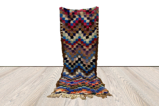Berber Moroccan Tribal Vintage Rug, 2.5x7 FT, checkered colorful narrow runner rug.
