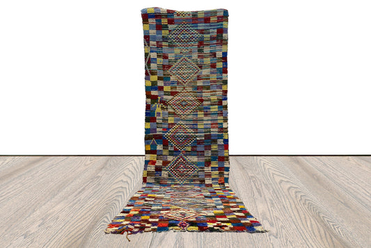 Tapis tissé tribal marocain 3x10 pieds, tapis de couloir étroit à carreaux.