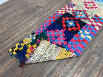 3 x 9 ft berber vintage colorful boucherouite runner narrow rug, moroccan checkered old rug.