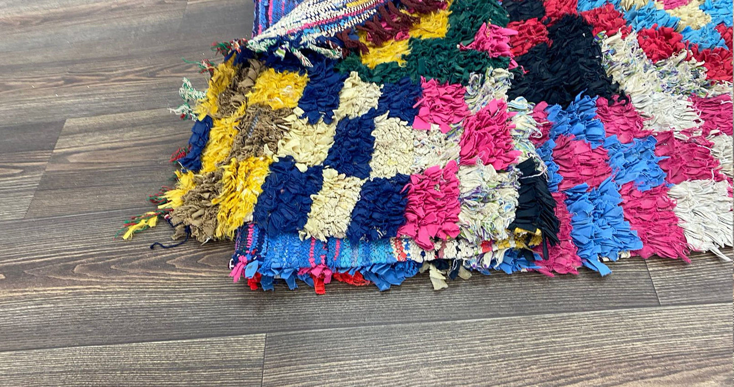 3 x 9 ft berber vintage colorful boucherouite runner narrow rug, moroccan checkered old rug.
