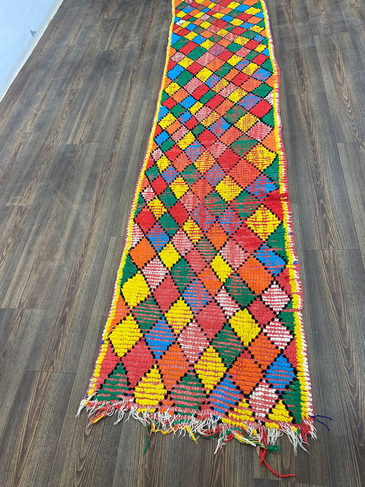 tribal berber diamond vintage colorful narrow rug, 2 x 12 ft,  moroccan long runner.