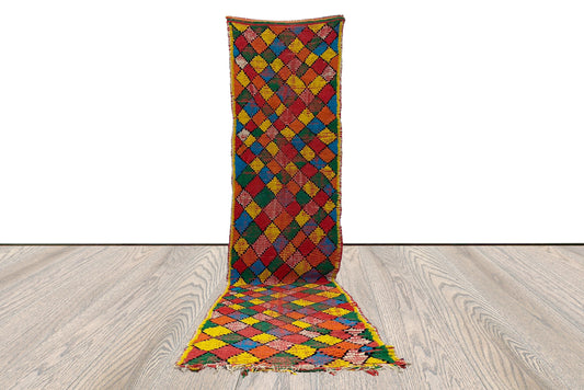 tribal berber diamond vintage colorful narrow rug, 2 x 12 ft,  moroccan long runner.