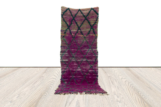 Tapis vintage délavé violet 2x8 pieds, tapis étroit tissé en laine.