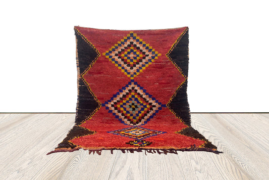 4x6 ft Moroccan vintage red and black Rug, Vintage Boucherouite Rug.