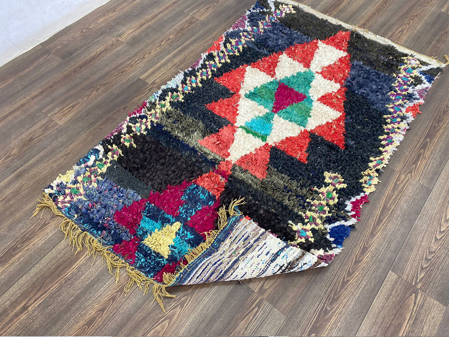 4x6 ft colored small Rug, Boucherouite Moroccan Vintage area Rug.
