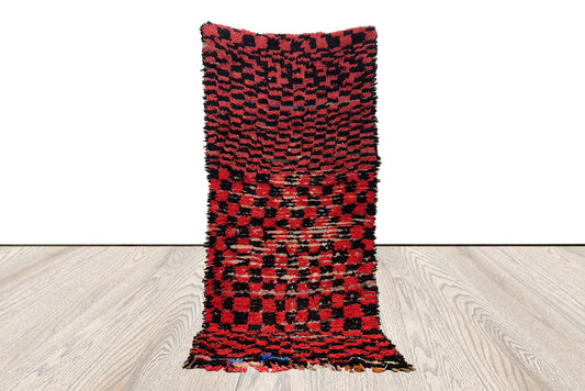 Vintage Checkered Rug, Berber runner red and black Rug 3x7 ft.