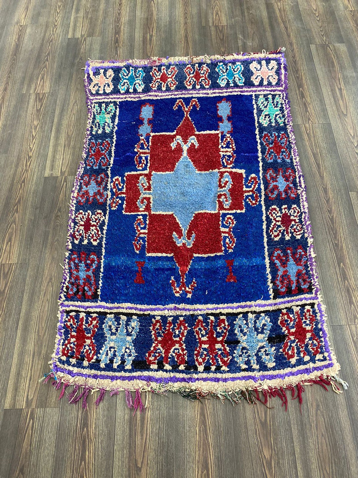 Moroccan Vintage Rug, Boucherouite colorful area Rug, 3x6 feet Berber Rug.