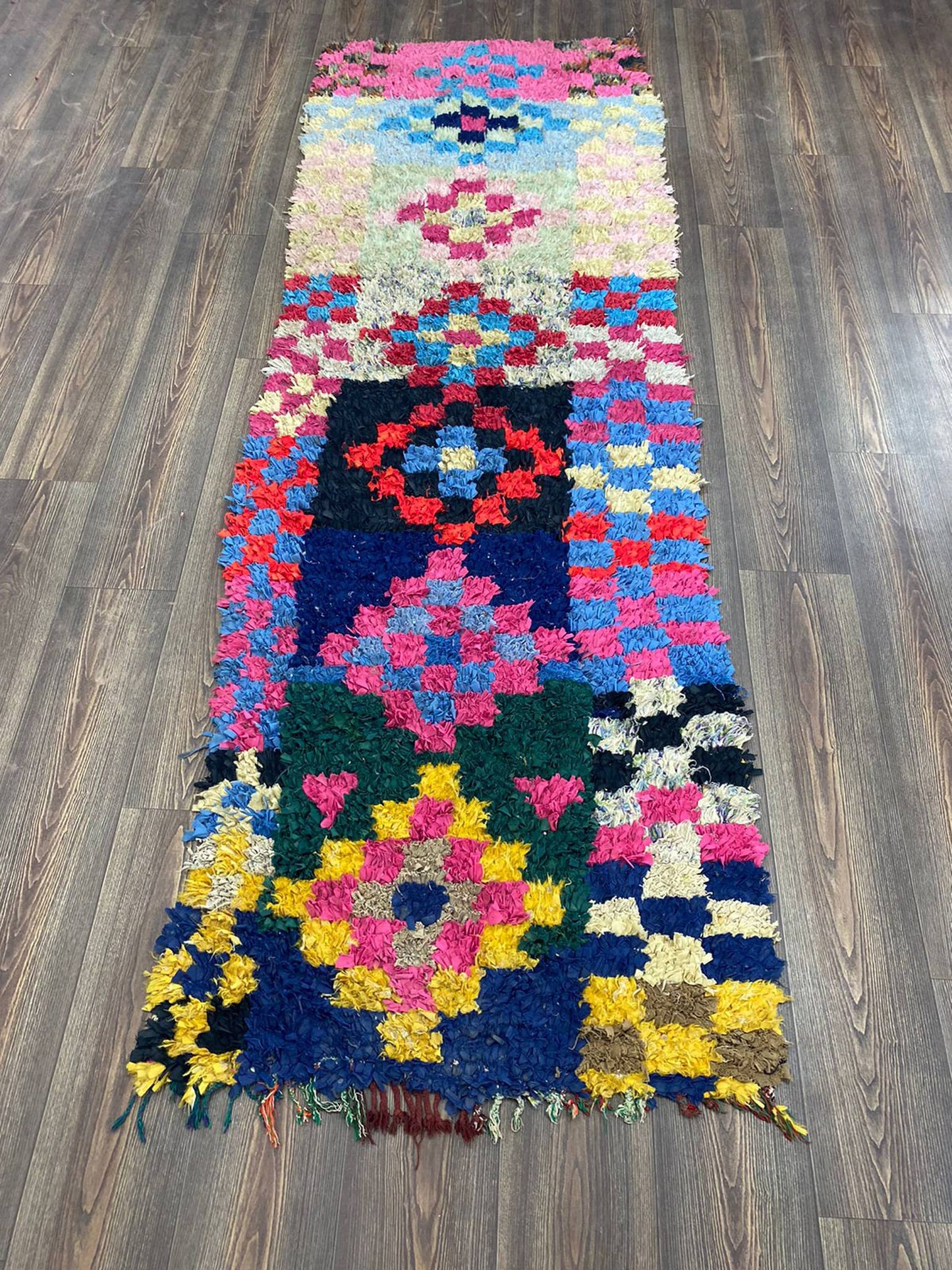 3 x 9 ft berber vintage colorful boucherouite runner narrow rug, moroccan checkered old rug.