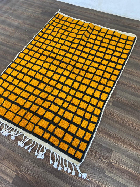 Moroccan Handwoven Yellow and Grid Black area Rugs.