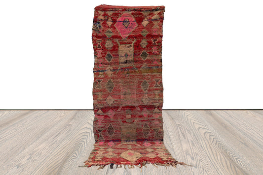 Vintage Moroccan Berber worn rug, faded color narrow runner rugs. 3x8 Feet wool woven and recycled material.