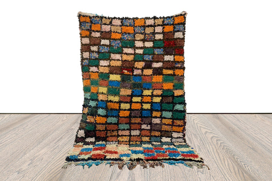 Boucherouite vintage colorful grid area Rugs, Moroccan Berber Rug 4x6 ft.