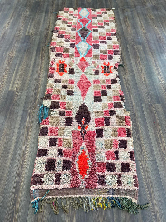 Tapis de couloir vintage en laine marocaine 3x9 pieds, tapis berbères colorés à grille.