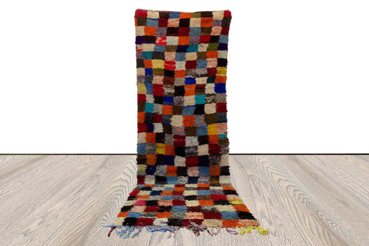 Tapis de couloir berbère vintage à carreaux colorés 3x10 pieds.
