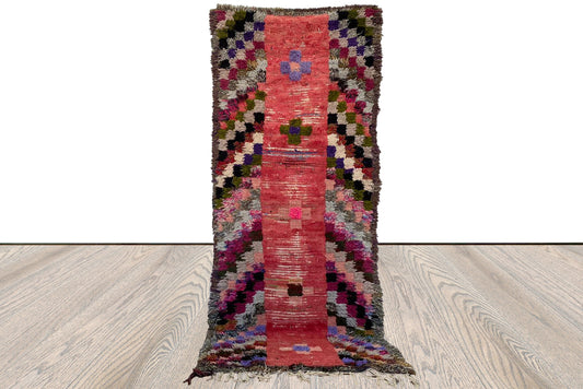 checkered narrow runner rug, 3x7 ft moroccan vintage colorful rug.
