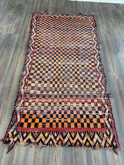 4x8 ft Moroccan Checkered Vintage area Rug. Berber Handwoven Colorful Rugs.
