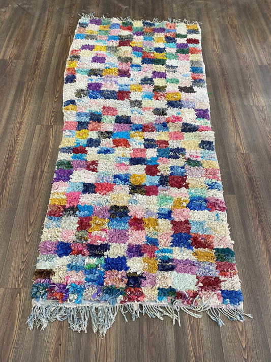Boucherouite Checkered Rugs, Moroccan Berber Colorful Rug 3 By 7 ft.