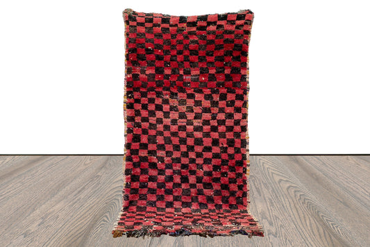 Checkerboard vintage Moroccan small area Rug, Checked Red and Black Rug, Hand woven rugs 3x7 Ft.