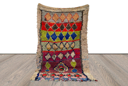 Boucherouite Moroccan Diamond 4x7 ft Shag Rug, Vintage colorful area Rugs.