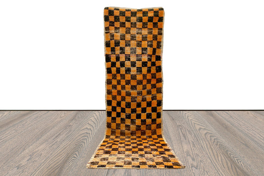 black yellow checkered vintage runner Rug, Moroccan woven Berber long Rugs 3 ft BY 9ft.