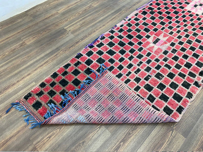 4 By 8 ft vintage Berber unique Rugs, Moroccan red black checkered runner Rug.