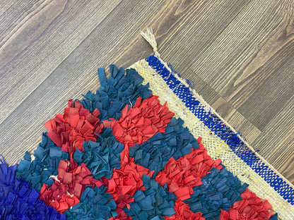 3x7 Boucherouite Narrow vintage runner Rugs, Moroccan Handwoven Recycled Materials Rug.
