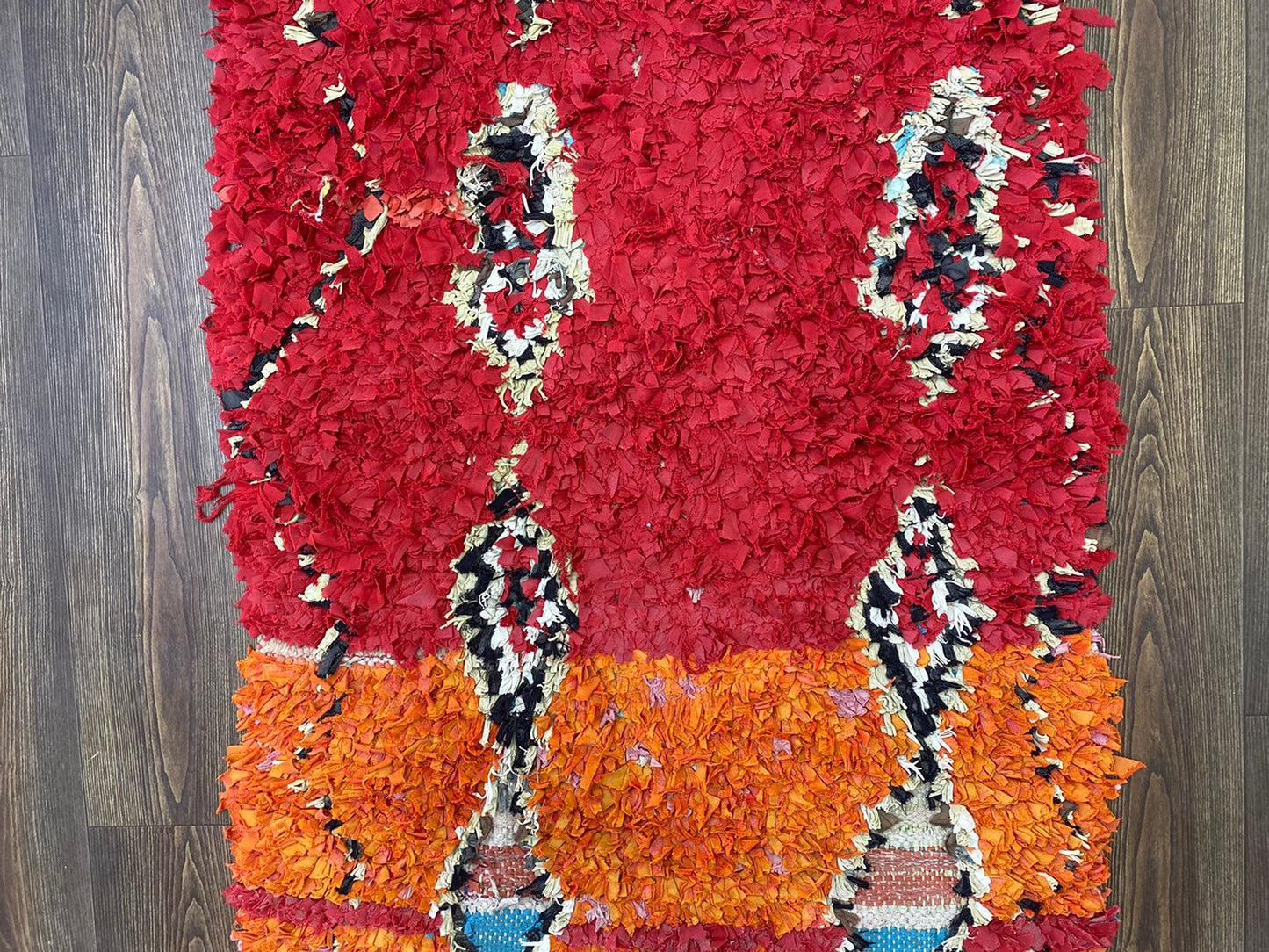 Boucherouite - Medium vintage runner Rug, 3x7 FT, colorful red orang and pink Rugs.