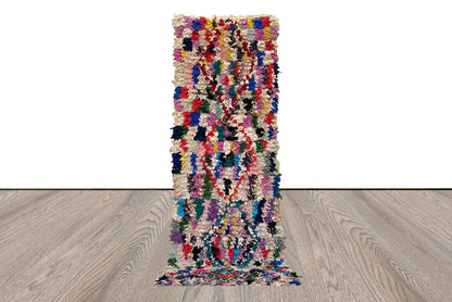 3 By 9 Boucherouite vintage Rugs, Moroccan Berber shag runner Rug.