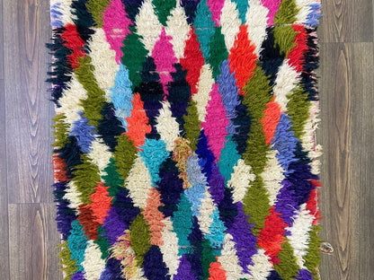 3x5 Small vintage runner Rugs, Moroccan Handwoven colorful Diamond Rug.