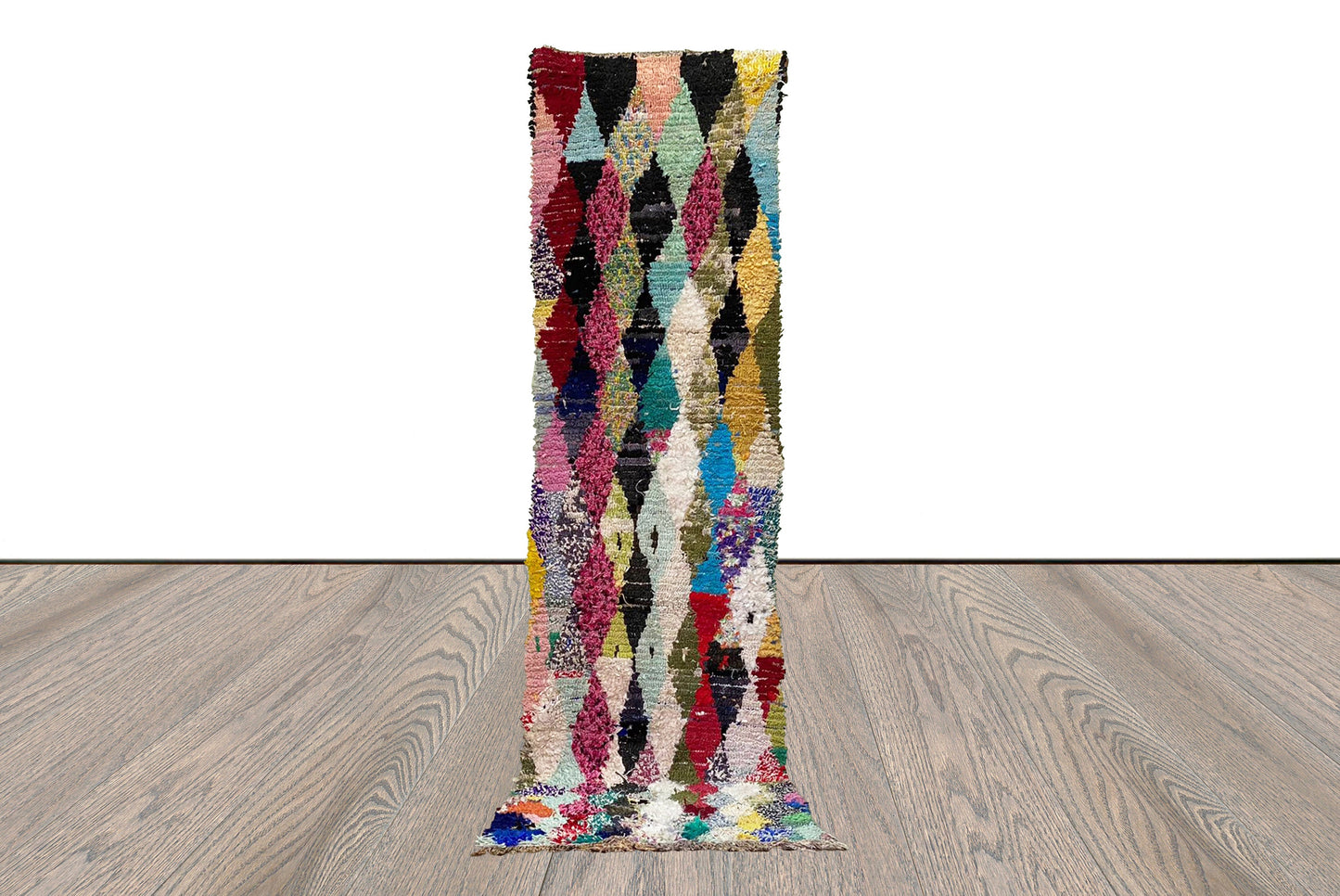 2x10 Hand Woven long Narrow Boucherouite runner Rugs, Moroccan Berber vintage Diamond Colored Rug.
