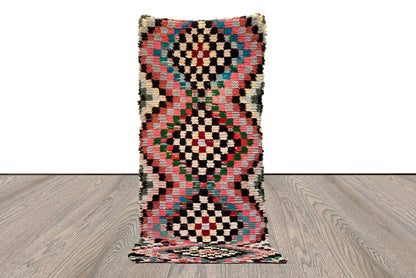 Checkerboard Chevron Moroccan long runner Rugs. 4x10 Colorful woven Vintage Berber Rug.