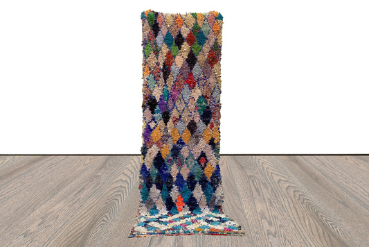 Moroccan Berber vintage Diamond Colored Rug. 2x10 Hand Woven Boucherouite long runner Rugs.