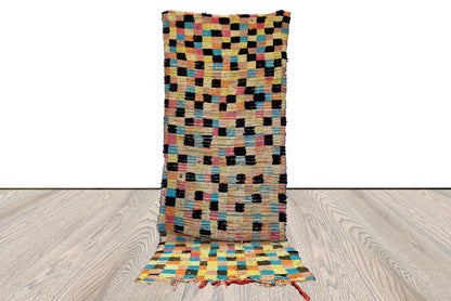 vintage checkered colorful Rug, 3x8 Moroccan Berber runner Rugs.