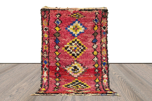 4x7 Magenta Boucherouite vintage Shag Rug. Moroccan Berber runner Rugs.