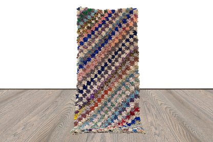 Checkered colorful vintage Boucherouite runner Rug. 3x7 Moroccan Berber old Rare Rugs.